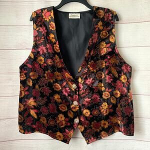 Vintage California Connection, Inc. Floral Velour Vest Button Up Gold Glitter